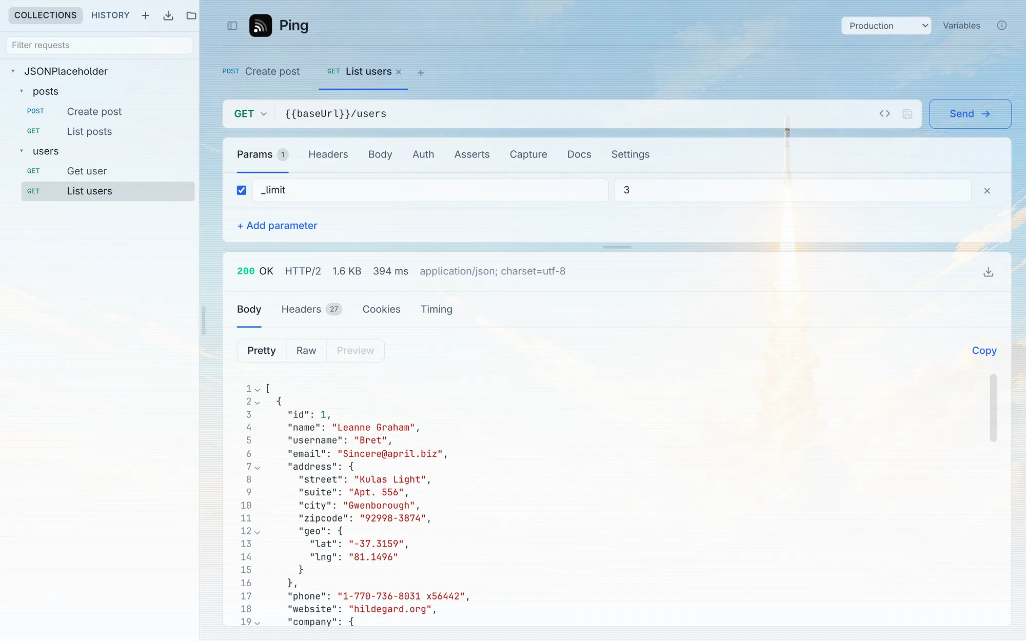 The Ping desktop app in the Rocket Daylight theme, over a photograph of a rocket by day