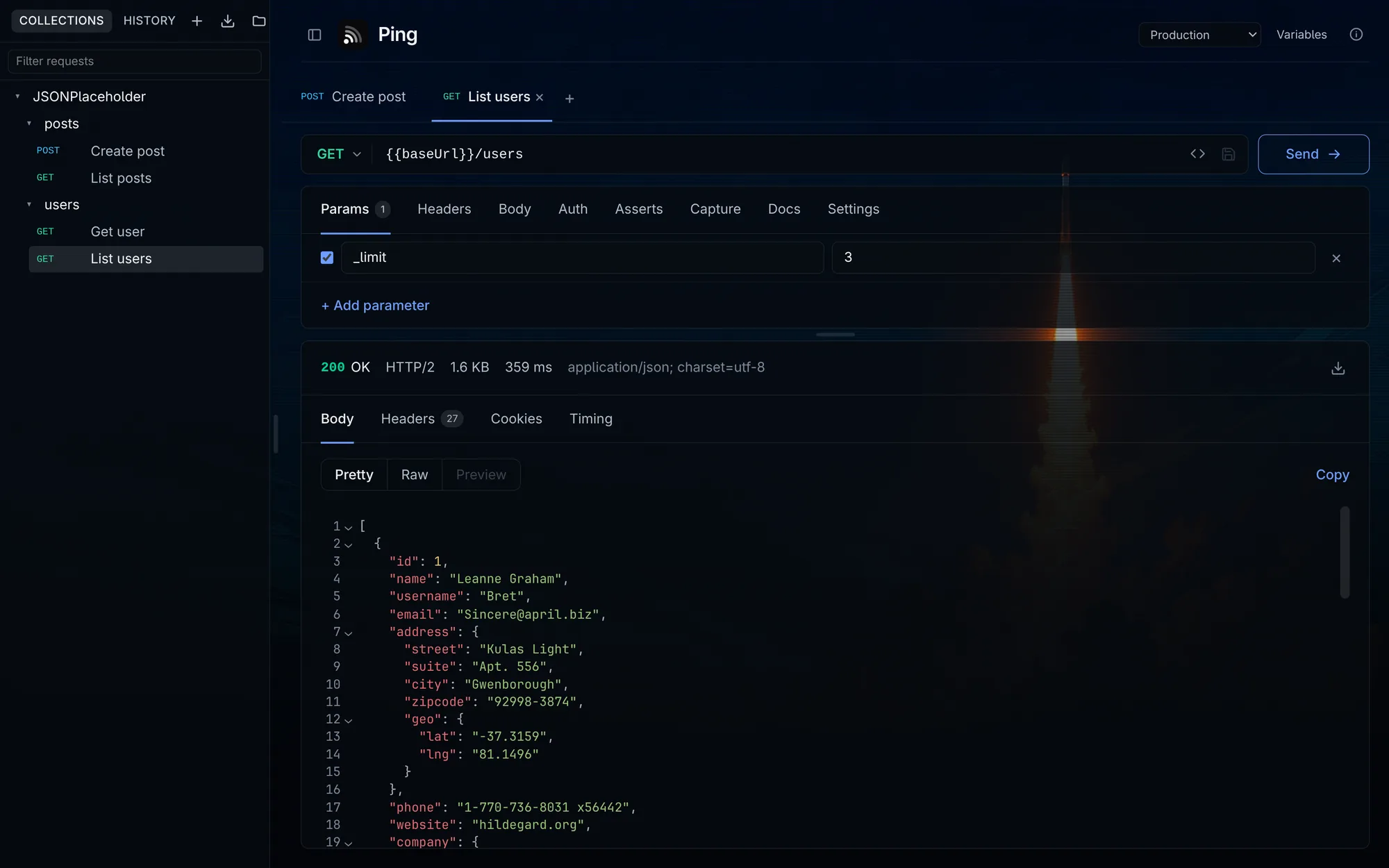 The Ping desktop app in the Rocket Night theme, over a photograph of a rocket at night