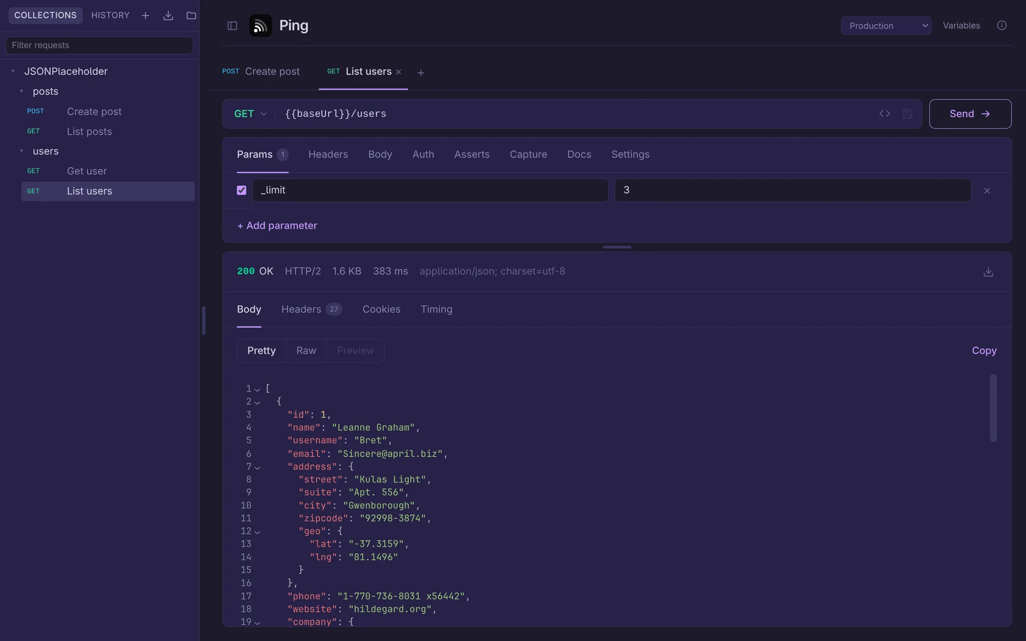 The Ping desktop app in the Violet theme