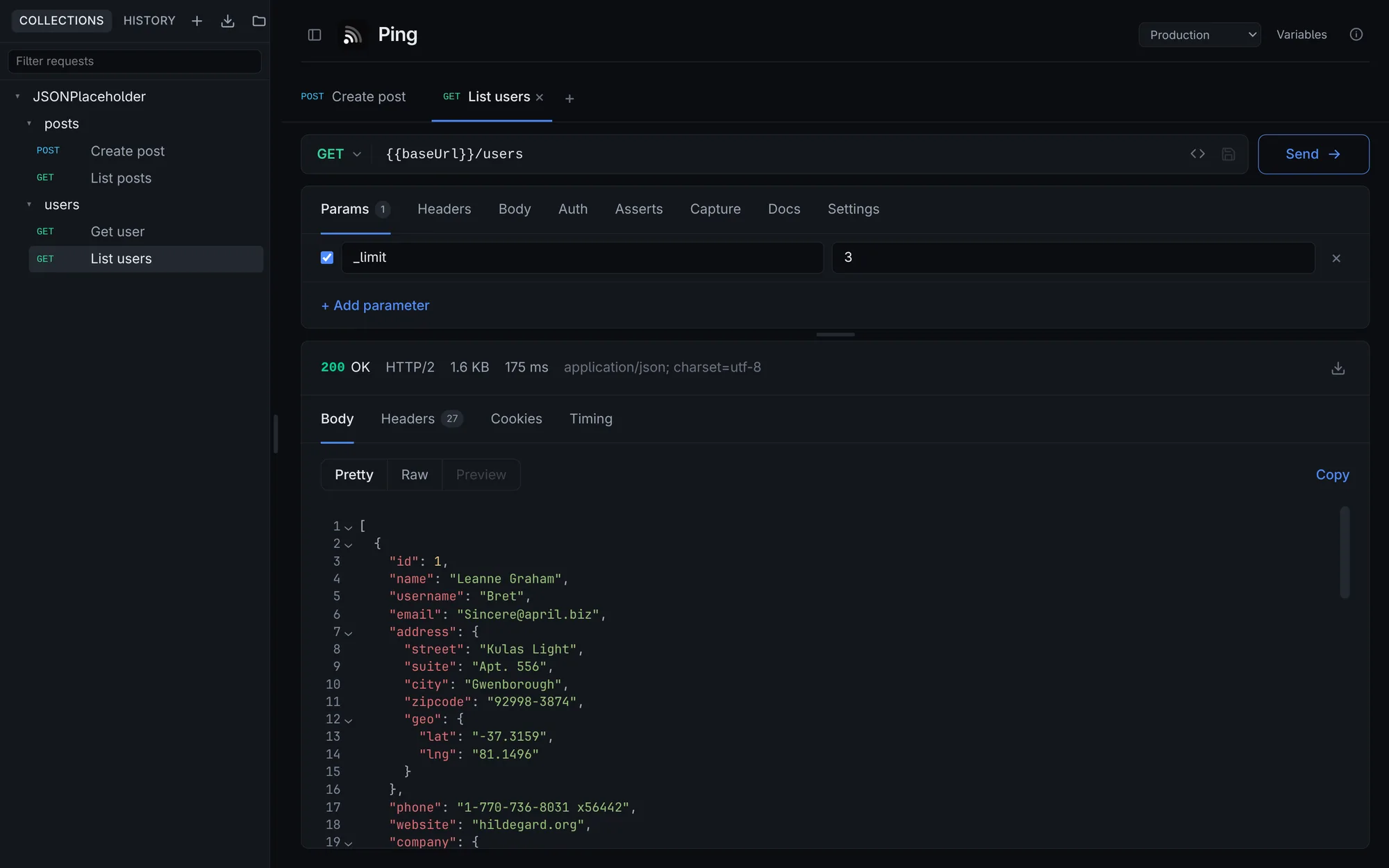 The Ping desktop app in the Dark theme, showing a request, its parameters, and a JSON response
