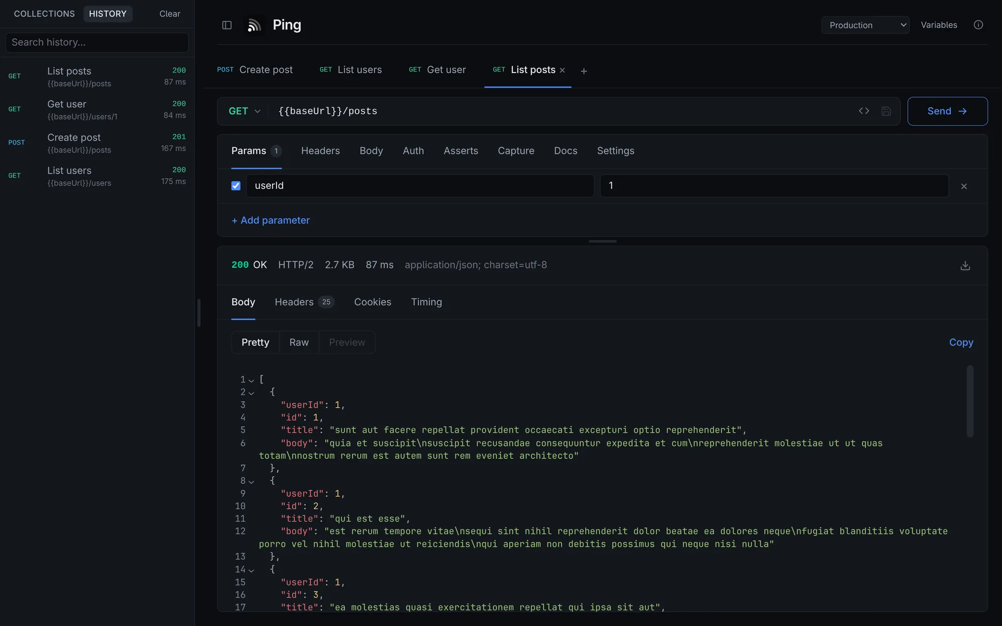 Request history in the sidebar
