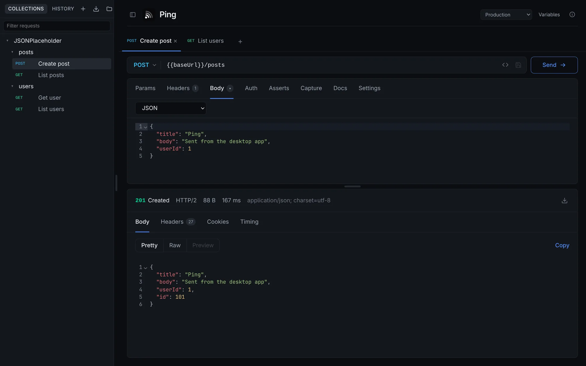 The request builder with a JSON body and a 201 response
